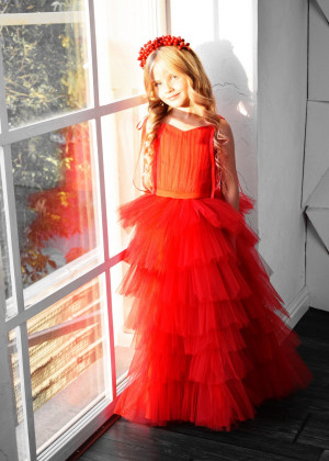 Red Tulle Long Tiered Flower Girl Dress